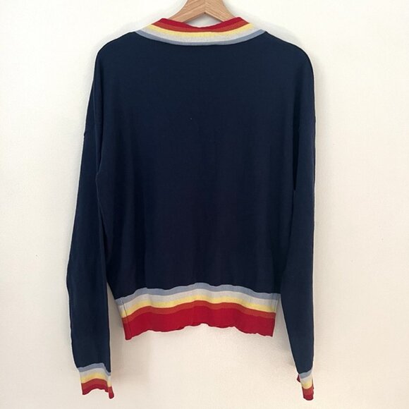 Central Park West Deep V Neck Rainbow Trim Sweater sz L Preppy Academia 90s Y2k - Picture 5 of 8